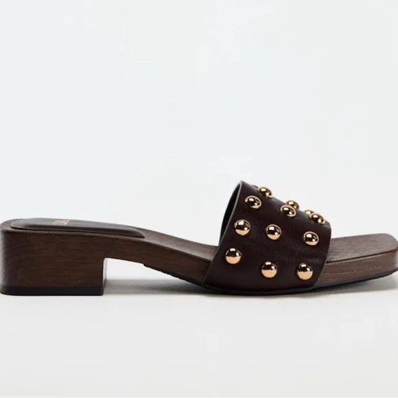 Zara Brown Studded Wooden Base Sandals Women’s Size 5 - Picture 3 of 9